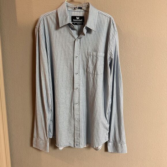 Butter Cloth Button Up Shirt Icy Cotton Blue Striped Long Sleeve Stretch Medium - Picture 1 of 5